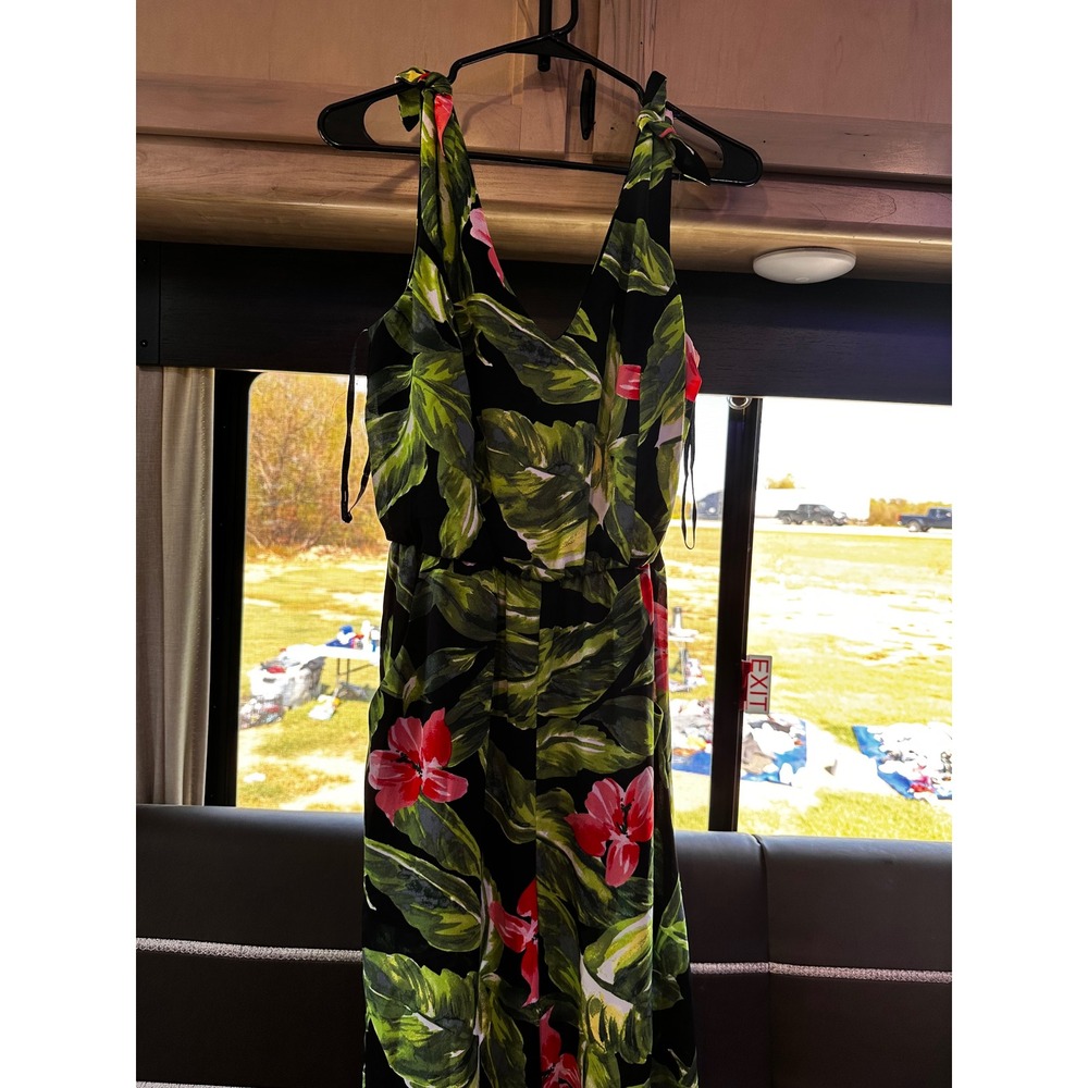 Luxology Tropical Floral Wide Leg Jumpsuit Black Pink Green Tie Shoulder Size 8